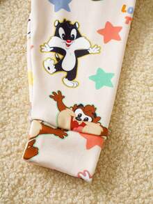 LOONEY TUNES X SHEIN Bộ đồ ngủ bé trai in hình hoạt hình, gồm áo tay ngắn cổ tròn và quần legging. - trắng - Xem 6