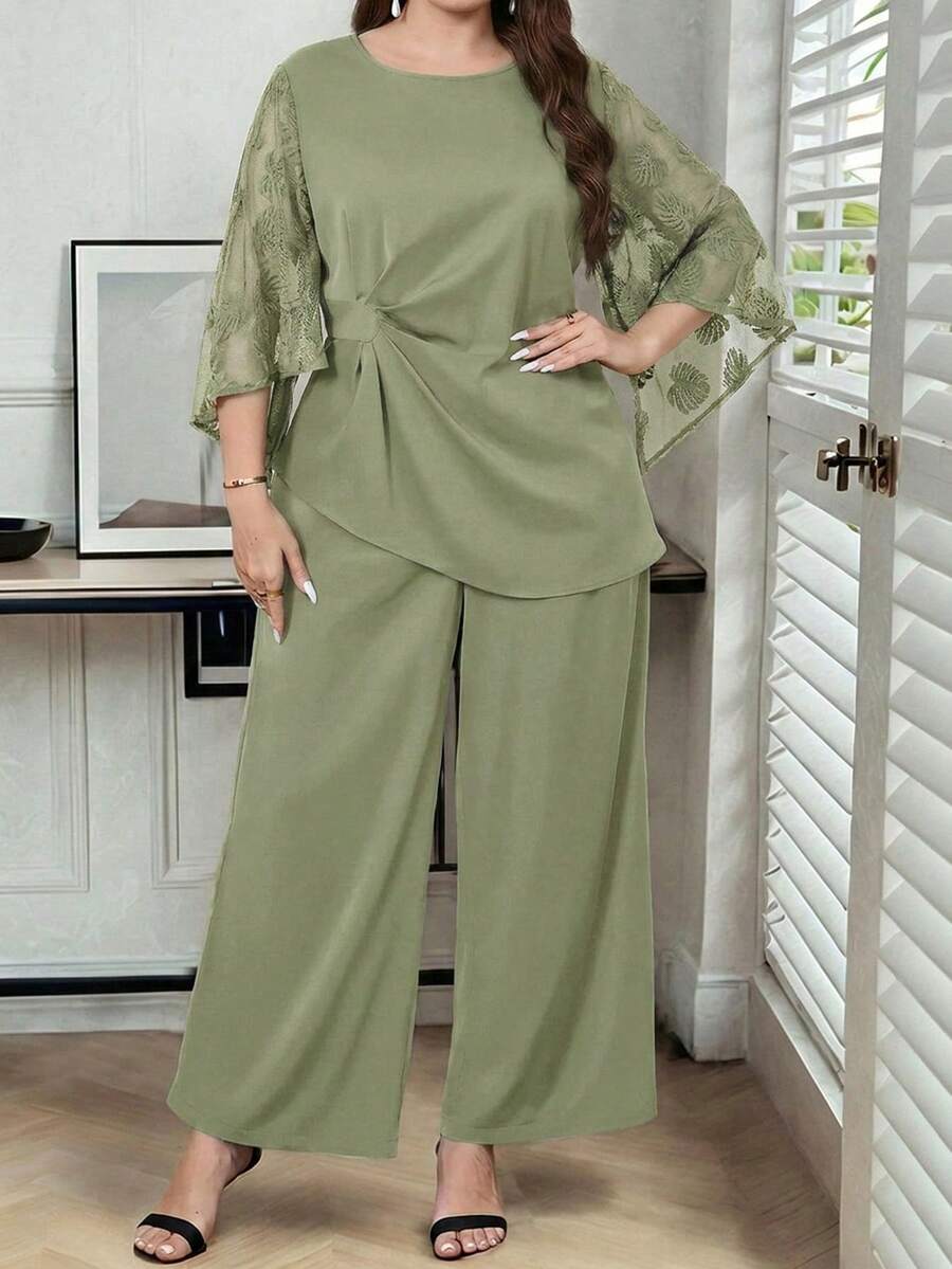 Reflora Plus Size Summer Elegant Mesh Patchwork Asymmetric Hem Top And Pants 2 Pieces Set - Mint Green - View 1
