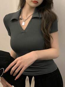 DAZY Women's Slim Fit Short Sleeve Polo Shirt, Solid Color Summer - Olive Green - View 8