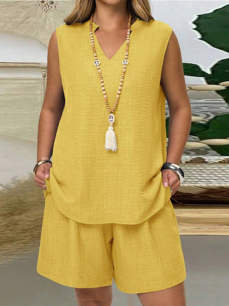 EMERY ROSE Plus Size Women V-Neck Solid Color Yellow Top And Shorts 2 Pieces Casual Set,Summer Vacation - Yellow - View 1