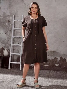 EMERY One Size Solid Color Button Front Casual Summer Dress - Brown - View 3