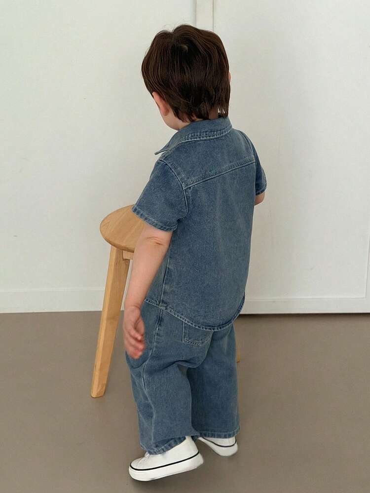 2pcs Toddler Boys' Summer Casual Denim Shirt With Collar & Shorts Set