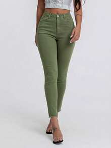 SHEIN SXY Damen Einfarbige Minimalistische Alltags Jeans - Grün - Übersicht 5