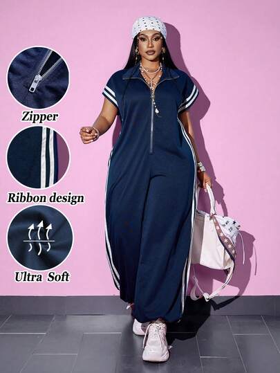 Maweii Plus Size Summer Casual Colorblock Striped Jumpsuit