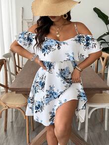 SHEIN VCAY Vestido casual de tirantes con estampado floral y volantes en el bajo para tallas grandes - Multicolor - Ver 4