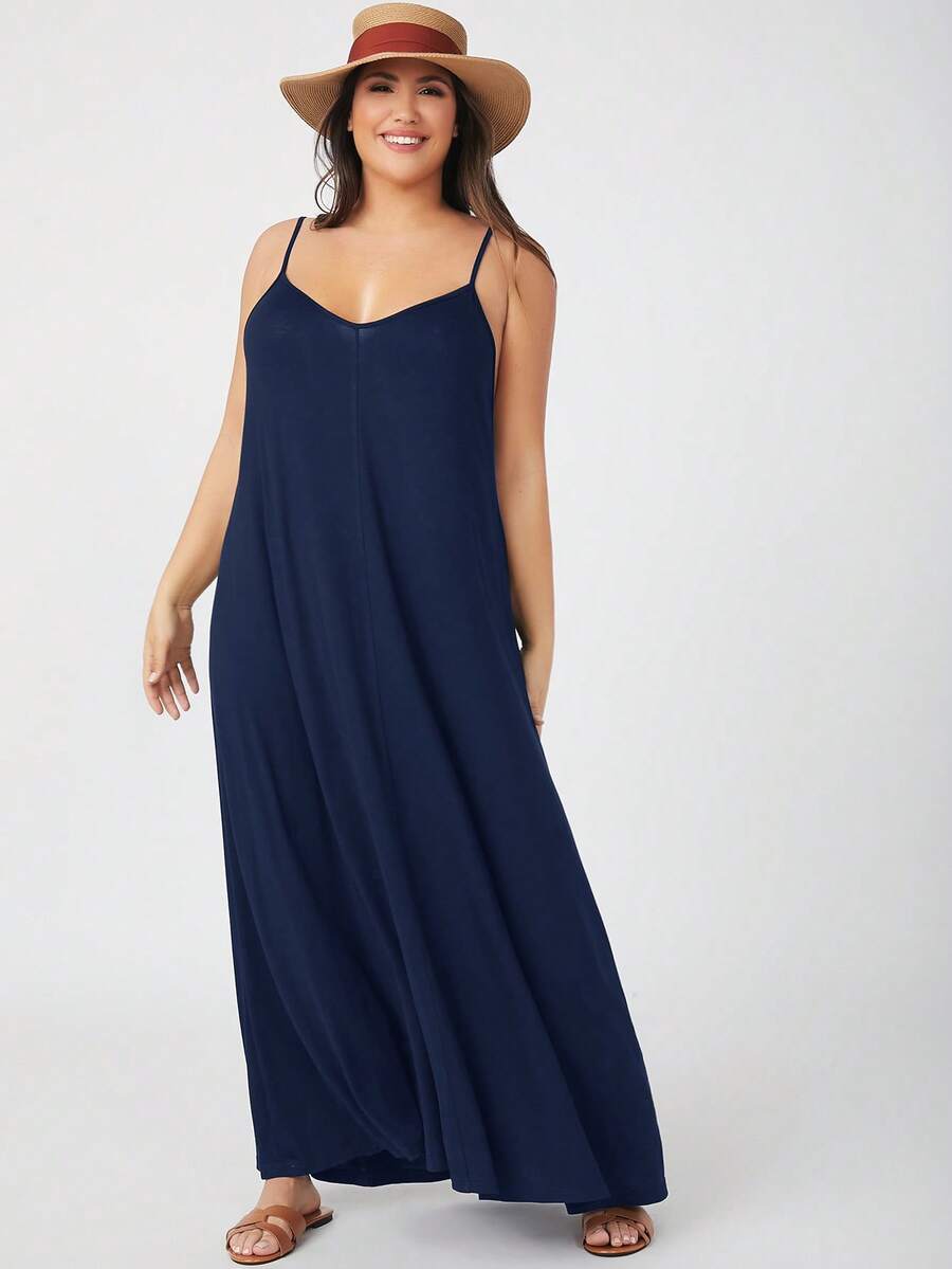 SHEIN BASICS 大码休闲纯色无袖连衣裙,夏季 - 藏蓝色 - 查看 1