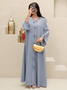 Yasmyna Đầm dự tiệc kiểu Ả Rập màu trơn buộc dây dành cho nữ - Màu xanh lam - Xem 6
