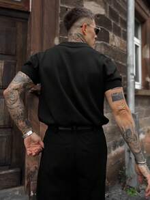 Artur Kramer Men's Hollow Design Knitted Polo Shirt, Minimalist Fashion, Suitable For Summer - Black - View 2