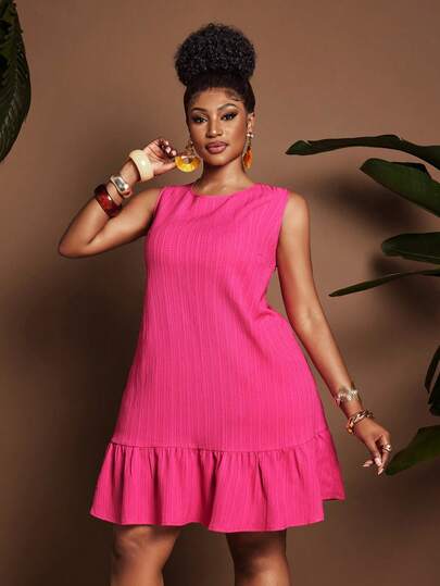 Maweii Plus Size Textured Sleeveless Dress, Loose Fit A-Line Ruffle Hem Dress For Beach Vacation