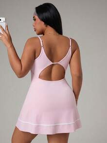 Rhythm Era Rhythm Era Plus-Size Adjustable Strap Color Block Short Jumpsuit Dress, Sports Outfit, Spring/Summer Athletic Dress Gym Women Outfit - Pink - View 2