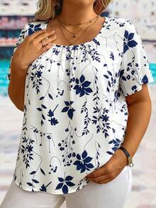 EMERY ROSE Camisa de manga corta con estampado floral de uso diario y versátil para mujer de talla grande - Azul y blanco - Ver 3