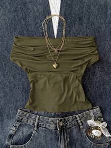 Atasan Polos Pas Badan untuk Remaja Perempuan, Pakaian Kasual Musim Panas untuk Pesta, Desain Leher Tinggi dan Bahu Terbuka, Blus Elegan dan Serbaguna untuk Festival dan Liburan Pantai - Hijau Tentara - View 9
