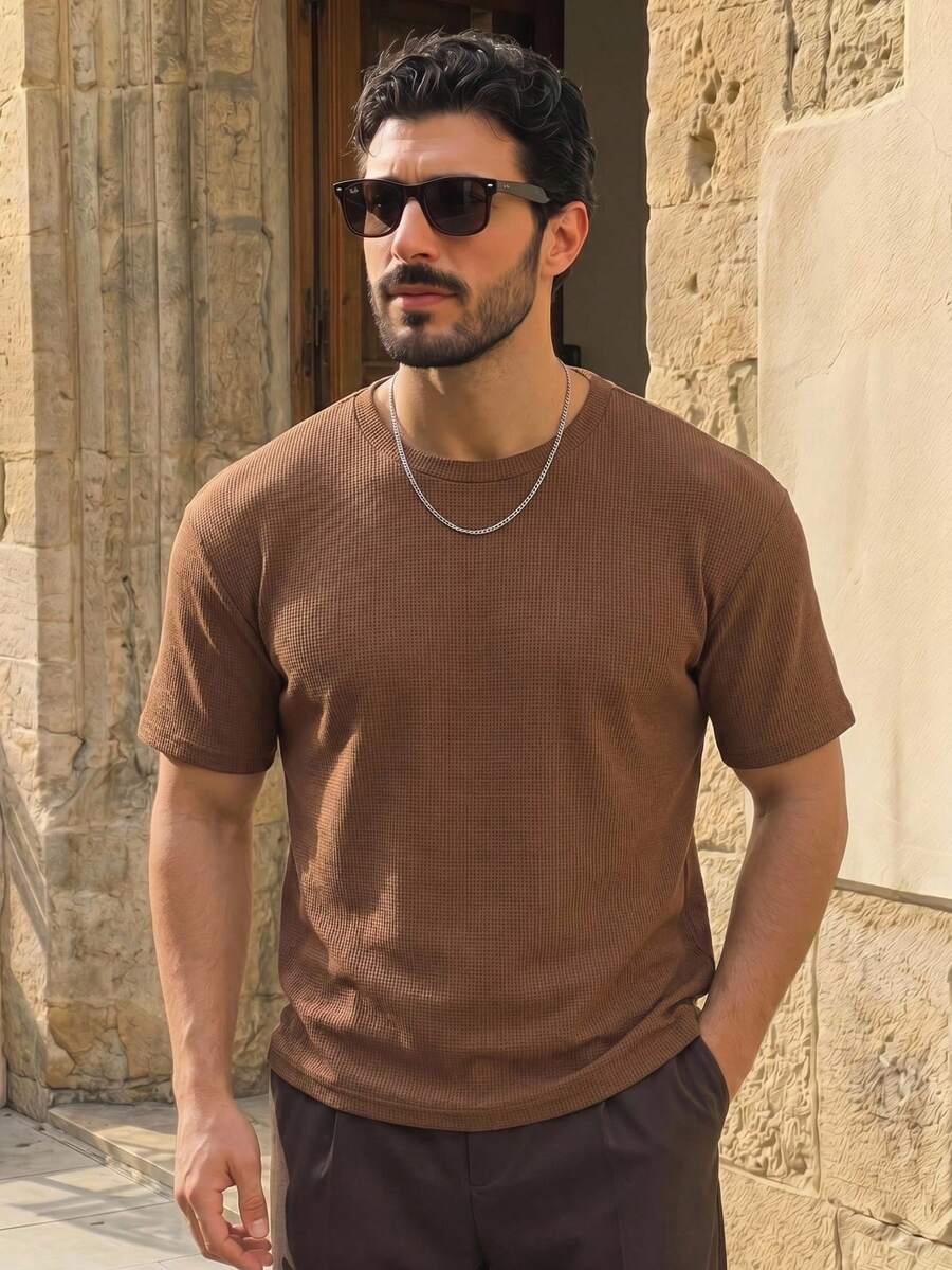 HIMLAND Loose Fit Men's Solid Drop Shoulder T-Shirt Brown T Shirt Mens Tee Shirts Round Neck T Shirt Plain T Shirt Men Heavy Weight T Shirt Men Mans T Shirt - Brown - View 1
