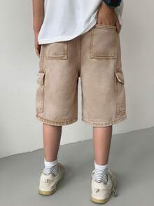 SHEIN Little Byeori 青少年男孩时尚休闲 Y2K 复古酷炫工装口袋设计宽松舒适的牛仔短裤，适合日常穿着，也适合春夏锐舞派对和海滩穿着。 - 卡其色 - 查看 2