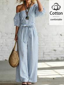 SHEIN LUNE Women's Summer Stripe Stripe Boho Holiday Vacation Holiday Asymmetrical Shoulder Jumpsuit,Cinched Waist Loose Elegant Chic Outfit Vacation - Blue and White - View 5