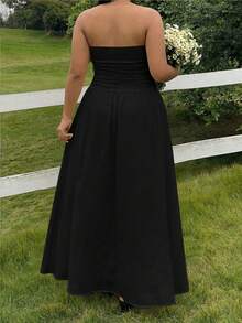 GalTyme Plus Size Summer Minimalist Solid Color Ruched Bandeau Dress - Black - View 2
