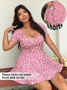 SHEIN EZwear Jumpsuit Wanita Ukuran Besar Motif Bunga Daisy Merah Muda dengan Leher Persegi - Berwarna merah muda - View 1