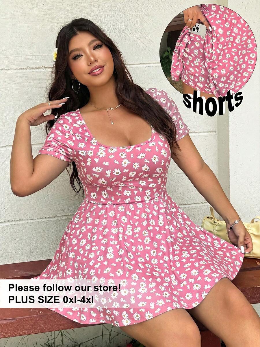 SHEIN EZwear Jumpsuit Wanita Ukuran Besar Motif Bunga Daisy Merah Muda dengan Leher Persegi - Berwarna merah muda - View 1