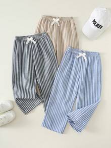 SHEIN 3 piezas Pantalones casuales y cómodos con cintura elástica a rayas para niños, multicolor, adecuados para verano y primavera - Multicolor - Ver 4