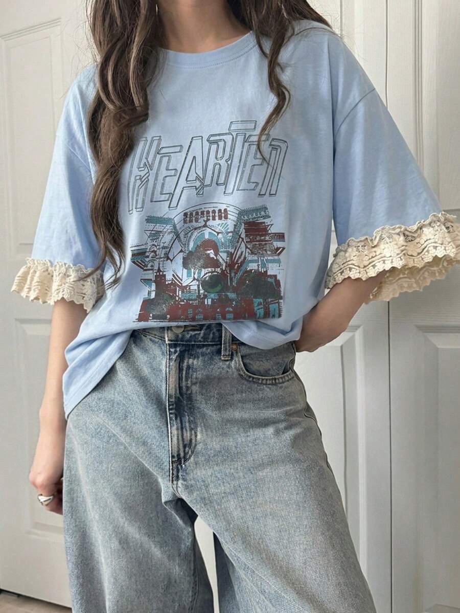 FRIFUL Áo thun nữ tay ngắn dáng rộng thoải mái, in chữ, phối ren, chất liệu cotton pha thoáng khí, đa năng cho mùa xuân/hè. - Màu xanh lam - Xem 1