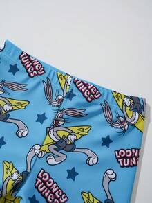 LOONEY TUNES X SHEIN 男婴卡通条纹印花插肩袖上衣和短裤休闲泳装套装 - 藍色 - 查看 5