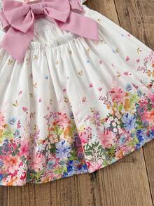 SHEIN Baby Girl Woven Ditsy Floral Square Collar Petal Sleeve Casual Cute Big Bow Decor Dress - Multicolor - View 4