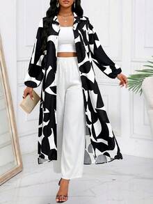 SHEIN Lady 女士几何印花长款衬衫和裤子休闲两件套，度假装 - 黑與白 - 查看 1