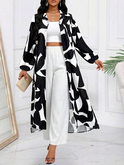 SHEIN Lady Bộ đồ nữ dài tay in họa tiết hình học, gồm áo và quần, kiểu dáng thường ngày, thích hợp cho kỳ nghỉ.