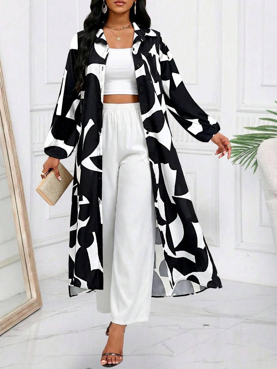 SHEIN Lady 女士几何印花长款衬衫和裤子休闲两件套,度假装 - 黑與白 - 查看 1