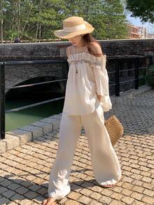DAZY Bộ đồ nữ kiểu Hàn Quốc gồm áo dài tay và quần dài, bộ đồ mặc nhà mùa hè cho nữ, bộ đồ ngắn cho nữ. - trắng - Xem 7