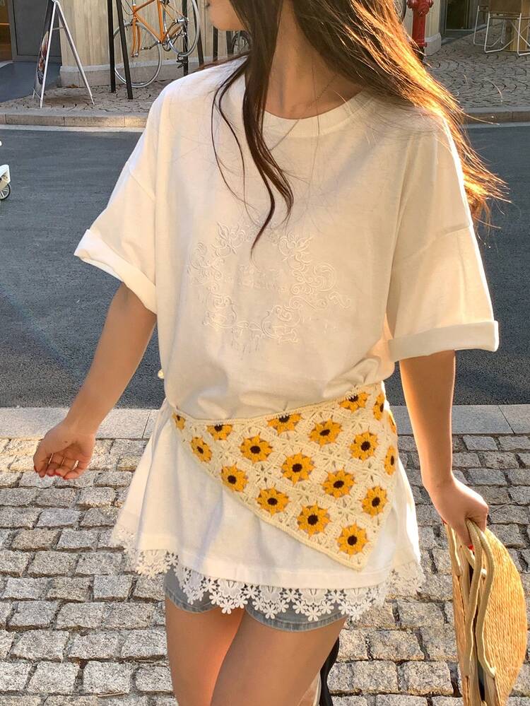 Women's Round Neck Korean Style Lace Patchwork Short Sleeve T-Shirt Summer