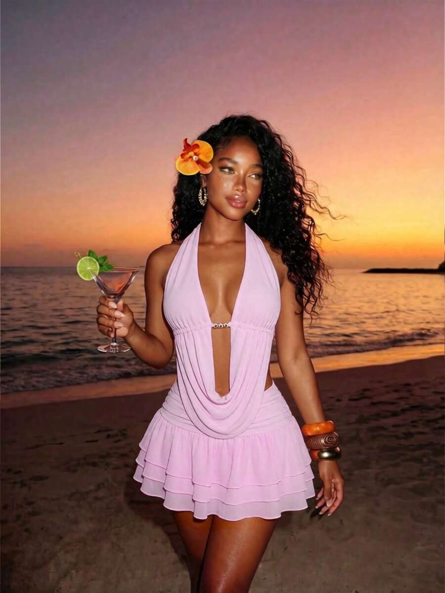 Mistrie Falda con volantes en capas en el bajo para mujer - Rosa coral - Ver 1