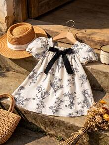 SHEIN LMoss Kids Baby Girl Woven Ditsy Floral Square Neck Puff Sleeve Casual Dress - Black and White - View 3