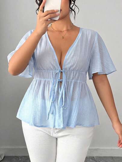 Elenzga Áo Blouse khoác ngoài nữ size lớn vải mềm màu xanh baby thanh lịch, nhẹ nhàng, tay loe, phong cách sang trọng cho mùa hè, đi chơi đêm, đi club, tiệc tùng, đám cưới, dã ngoại
