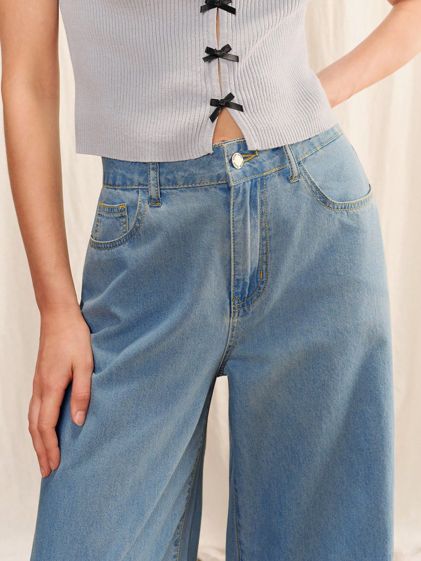 Light Blue Mid-Waisted Wide-Leg Jeans With Vintage Wash Spring Summer Lightweight Denim Casual Outfit Work Outfit Going Out Cotton Pants