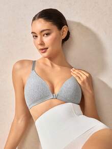 Veilyse 1件女款V領舒適無鋼圈前扣式軟杯棉質純色內衣，可調節肩帶，適合夏季 - 灰色 - 查看 11