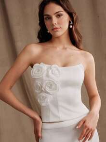 Anewsta Women's Waist Cinching Fitted Floral Decor Tube Top, Summer Graduation Guest White Elegant - White - View 3