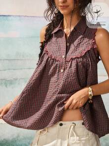SoleilVie Women's Sleeveless Shirt Collar Lace Patchwork Retro Boho Plaid Casual Shirt Vacation Brown Plaid Summer - Red - View 2