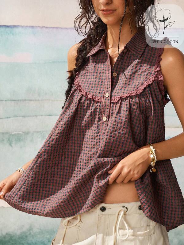 SoleilVie Women's Sleeveless Shirt Collar Lace Patchwork Retro Plaid Casual Shirt