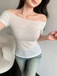 DAZY 女士性感不对称领口修身不对称褶皱长袖T恤 - 白色 - 查看 2