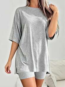 INAWLY Solva Women's Solid Color Short Sleeve Top And Shorts Casual Daily Outfit - Grey - View 5