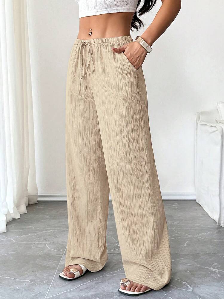SHEIN Tall Quần ống rộng dáng suông màu trơn, thoải mái, thích hợp cho nữ đi nghỉ mát và đi làm, có túi hai bên. - Vàng nhạt - Xem 3