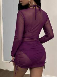 Maweii Costume da bagno da donna taglie forti, set da 3 pezzi, con accenti floreali e colore unito, sexy - Viola - Visualizzare 2