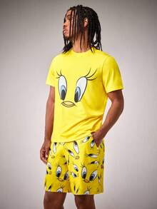 LOONEY TUNES X SHEIN 男士舒适卡通图案圆领短袖T恤短裤睡衣套装，夏季 - 黃色 - 查看 4