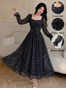 Modelyn Gaun Midi Wanita Desain Prancis dengan Leher Bentuk Hati dan Ikat Pinggang serta Lengan Lentera - Grey - View 3