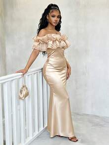 SHEIN Raffinéa Gaun Mermaid Wanita Elegan Warna Polos Berkilau Jala Tanpa Bahu Model Bandeau Patchwork Satin Pas Badan, Musim Semi/Panas - Sampanye - View 5