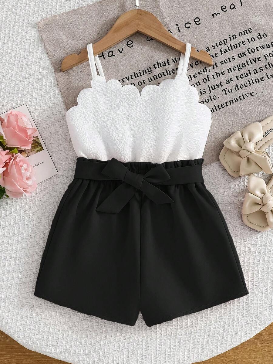 SHEIN 少女可爱夏季白色吊带弹力腰连体裤 - 黑色 - 查看 1
