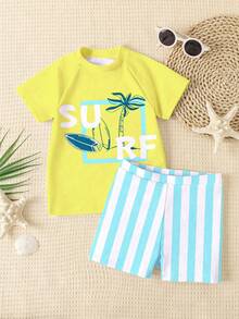 2pcs/Set Young Boys' Casual Loose Short Sleeve T-Shirt And Shorts Swimwear,Striped Surfboard & Palm Tree Print Summer Beach Holiday Outfit Sets - Multicolor - View 2