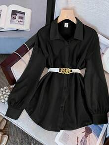 SHEIN Tween Girls' Solid Color Front Button Long Sleeve Metal Decor Casual White Shirt, Black Shirt, Back To School Season - Black - View 8