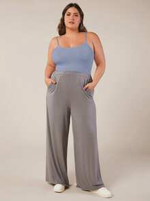 SHEIN BASICS 大码女式纯色修身休闲吊带背心 - 霧霾藍 - 查看 4